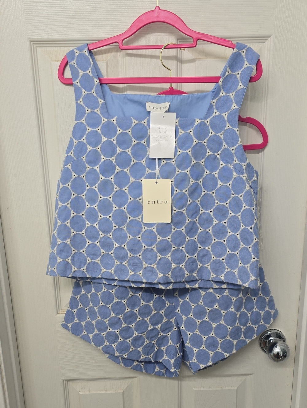 entro Light Blue Eyelet Square Neck Crop Tank And Shorts With Pockets Set